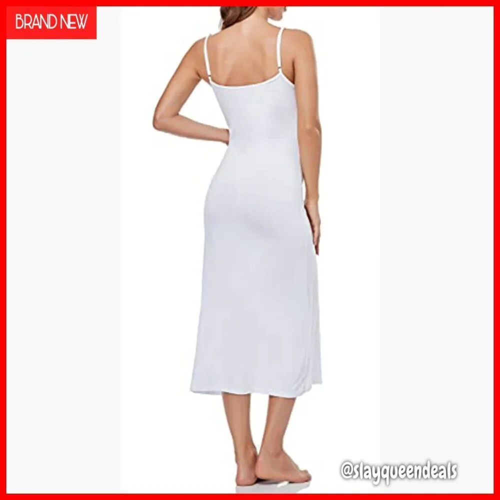V-Neck Full Slip Nightgown Cami Dress Adjustable Straps Lightweight Stretchy